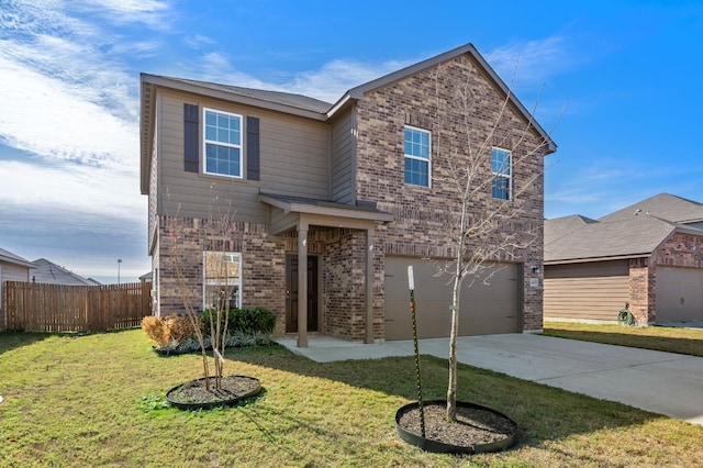 14405 Boomtown Way, Elgin, TX 78621 - traditional-style house with an attached garage, concrete driveway, and brick siding