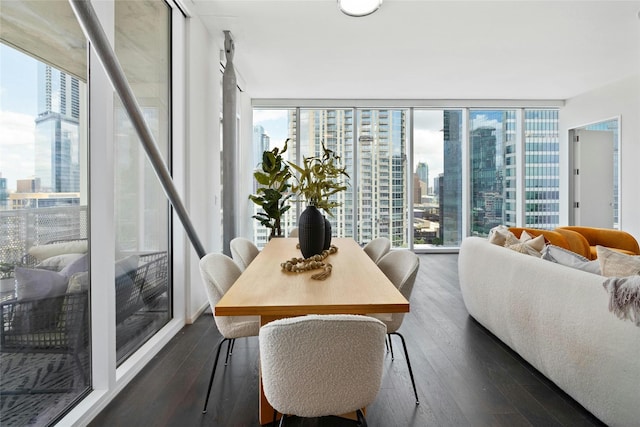 dining space with dark hardwood / wood-style floors, floor to ceiling windows, and a healthy amount of sunlight