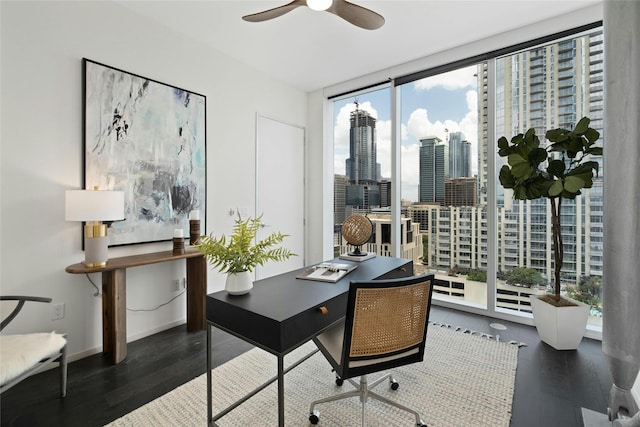 office space with ceiling fan, floor to ceiling windows, and dark hardwood / wood-style flooring