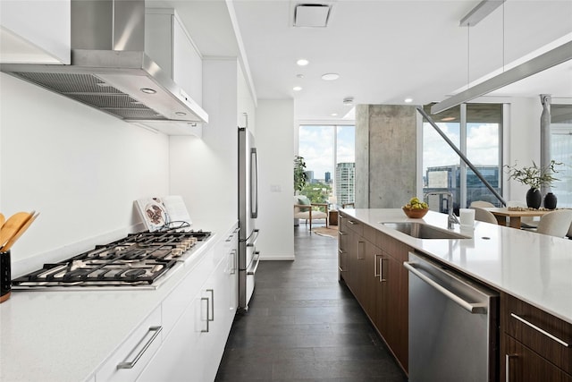 kitchen featuring wall chimney range hood, sink, dark brown cabinetry, appliances with stainless steel finishes, and white cabinetry