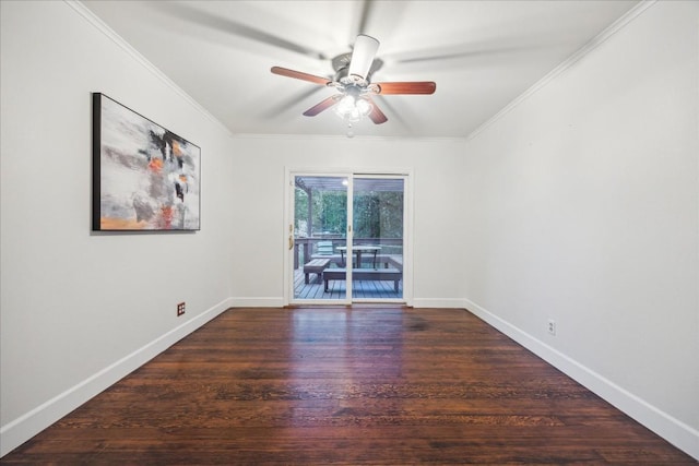 empty room with ceiling fan, ornamental molding, and dark hardwood / wood-style flooring