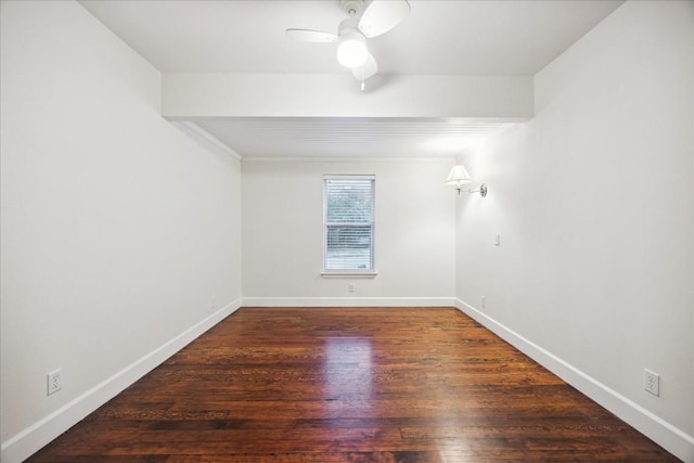 unfurnished room with dark wood-type flooring and ceiling fan