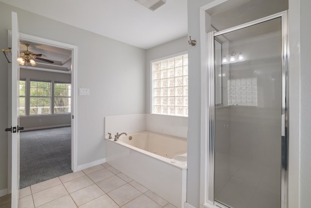857 Mission Hills Dr, New Braunfels, TX 78130 - bathroom with a jetted tub, a shower stall, tile patterned floors, and ceiling fan
