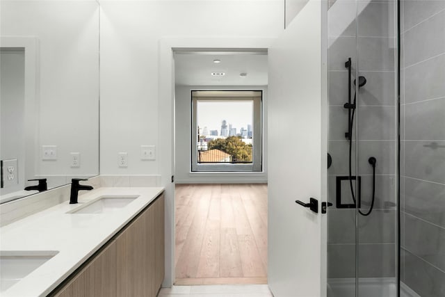 bathroom featuring a sink, double vanity, wood finished floors, and a shower stall