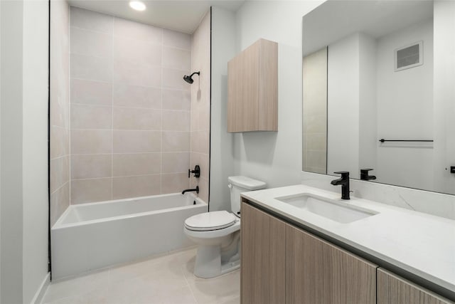 full bath featuring visible vents, toilet, shower / tub combination, tile patterned floors, and vanity