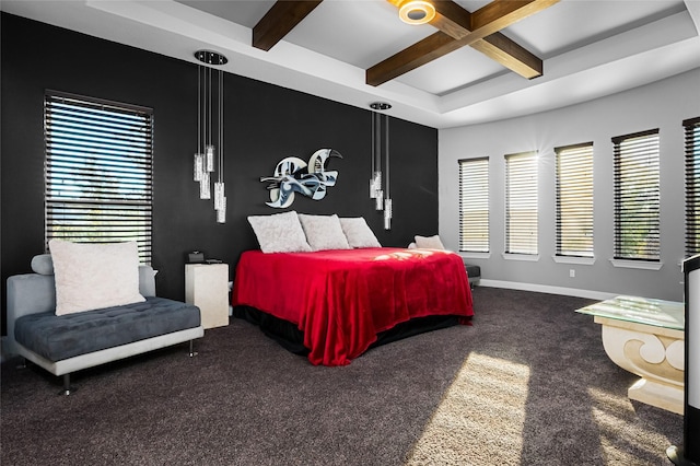 bedroom with carpet flooring, beam ceiling, multiple windows, and coffered ceiling