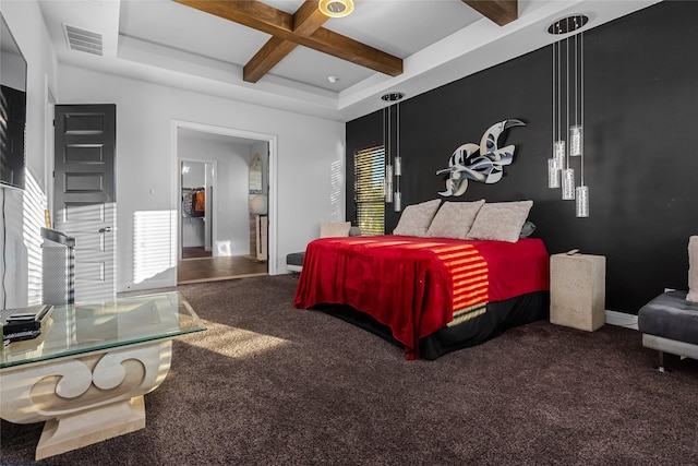 carpeted bedroom with beam ceiling and coffered ceiling