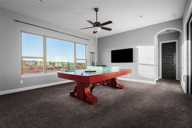 game room with dark colored carpet, ceiling fan, and pool table