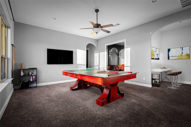 recreation room featuring ceiling fan and carpet floors