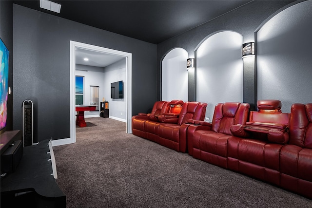 carpeted home theater room with billiards