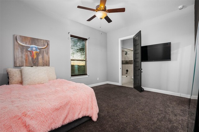 carpeted bedroom featuring ensuite bath and ceiling fan