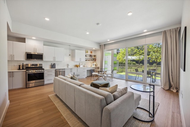 living room with light hardwood / wood-style flooring