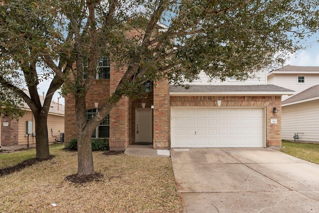 view of front of house featuring central AC unit, a garage, and a front lawn