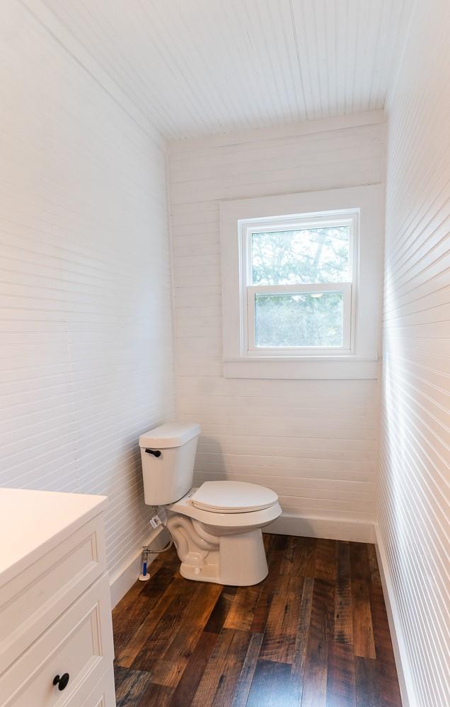 bathroom with vanity, wood-type flooring, and toilet