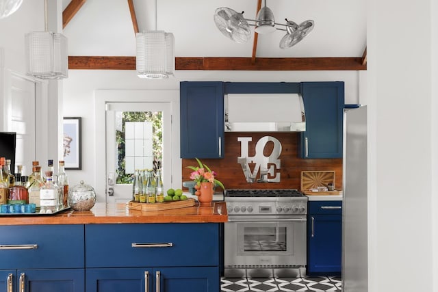 kitchen featuring stainless steel appliances, exhaust hood, blue cabinetry, and backsplash