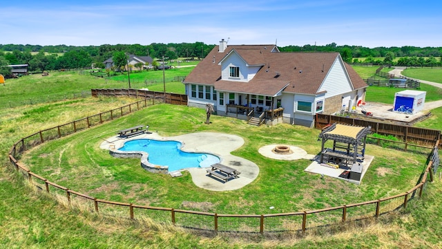 view of pool featuring a fenced in pool, a patio, a gazebo, a fenced backyard, and a fire pit