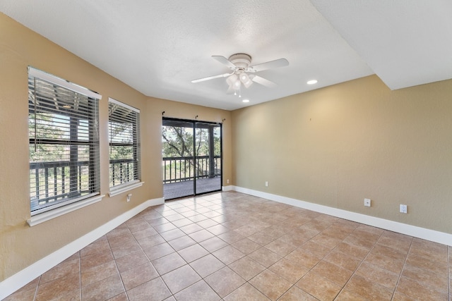 spare room with baseboards, recessed lighting, ceiling fan, and light tile patterned floors