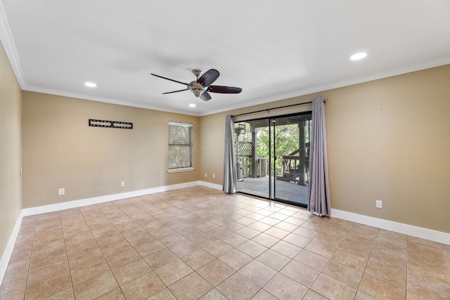 unfurnished room with crown molding, light tile patterned floors, a ceiling fan, and recessed lighting
