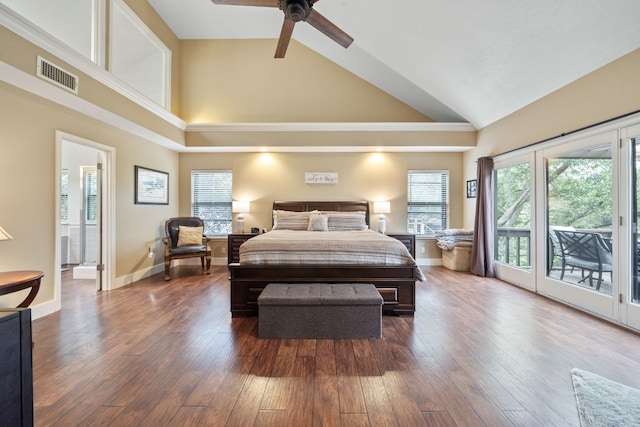 bedroom featuring ceiling fan, dark wood-type flooring, access to outside, and high vaulted ceiling