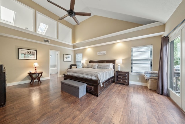 bedroom with visible vents, baseboards, ceiling fan, high vaulted ceiling, and dark wood finished floors