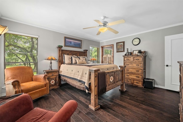 bedroom featuring ceiling fan, multiple windows, and ornamental molding