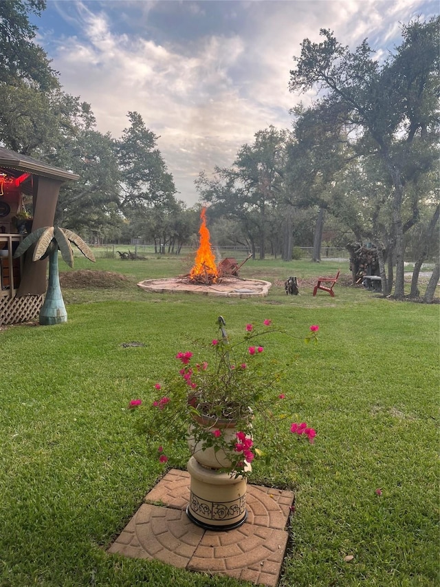 view of yard featuring an outdoor fire pit