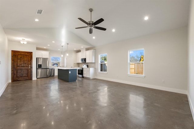 unfurnished living room featuring high vaulted ceiling and ceiling fan