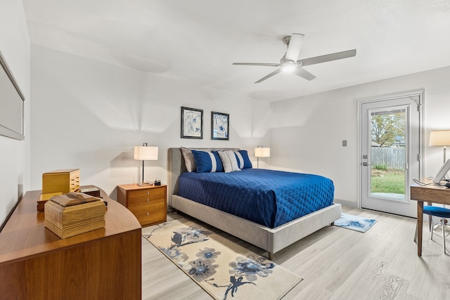 bedroom featuring light wood-style floors, access to outside, ceiling fan, and baseboards