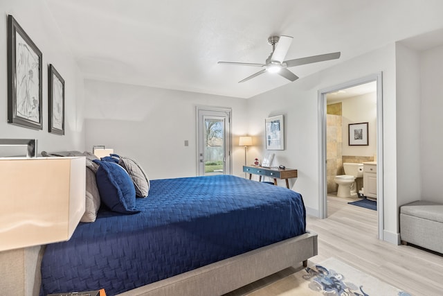 bedroom featuring connected bathroom, a ceiling fan, baseboards, access to outside, and light wood finished floors