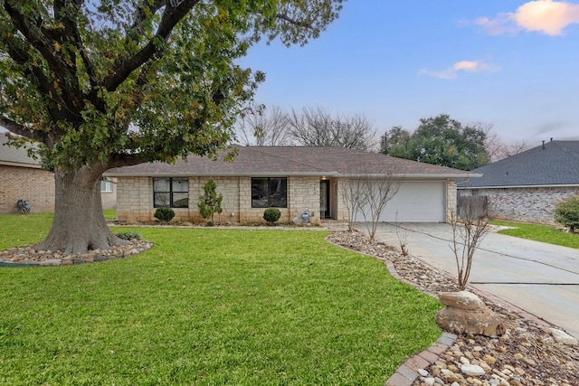 single story home featuring an attached garage, driveway, stone siding, roof with shingles, and a front lawn