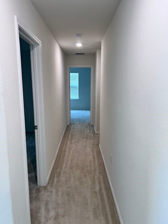 hall featuring light colored carpet