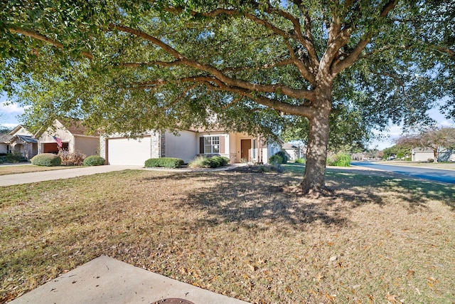 view of property hidden behind natural elements featuring a front yard and a garage