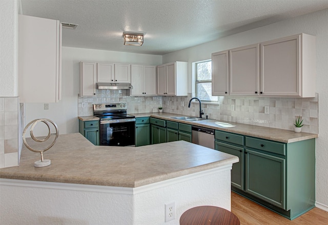 kitchen with sink, light hardwood / wood-style flooring, green cabinetry, appliances with stainless steel finishes, and kitchen peninsula