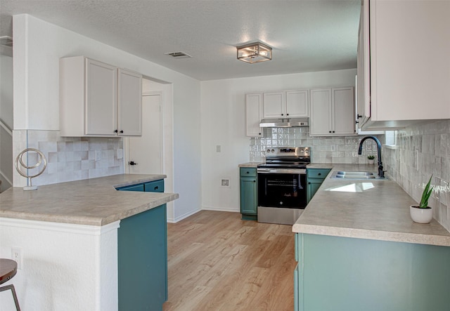 kitchen featuring decorative backsplash, white cabinetry, electric stove, and sink