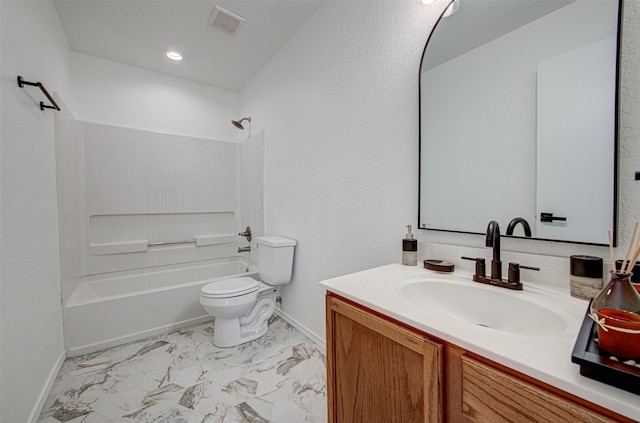 full bathroom featuring vanity, toilet, and shower / washtub combination