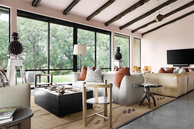 living room featuring beamed ceiling and concrete flooring