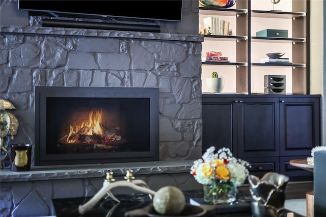 room details featuring a stone fireplace and built in features