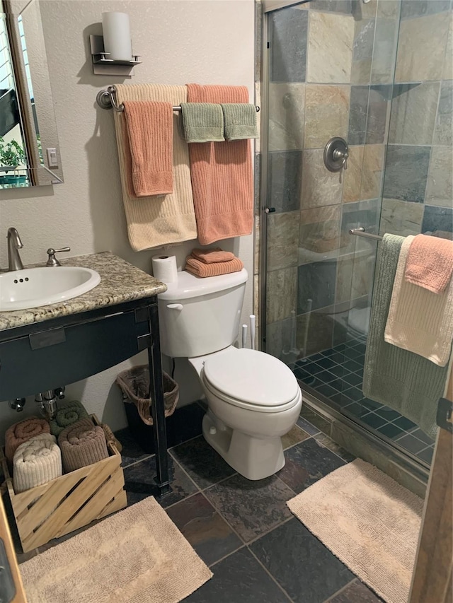 bathroom with toilet, vanity, and walk in shower