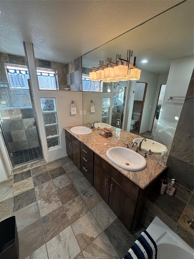 bathroom featuring vanity, an enclosed shower, a textured ceiling, and toilet