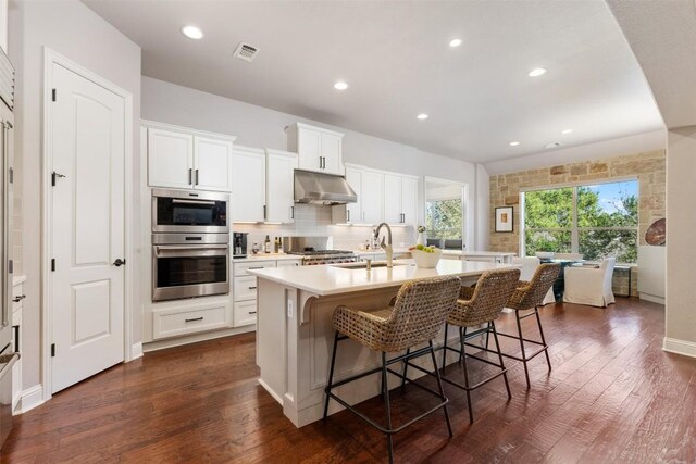 kitchen with visible vents, dark wood-type flooring, a kitchen island with sink, under cabinet range hood, and a sink