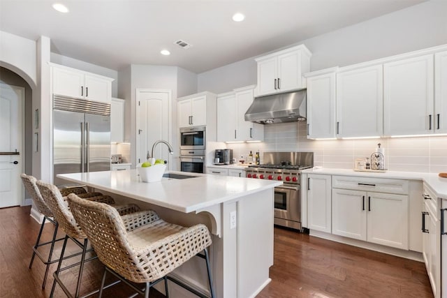 kitchen with visible vents, high end appliances, a sink, under cabinet range hood, and backsplash