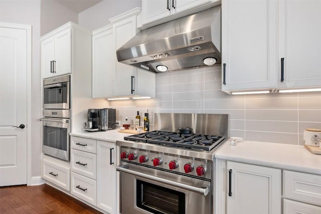 kitchen with stainless steel appliances, ventilation hood, decorative backsplash, and light countertops