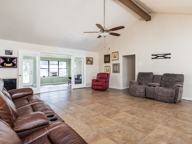 living room featuring french doors, ceiling fan, cooling unit, beam ceiling, and high vaulted ceiling