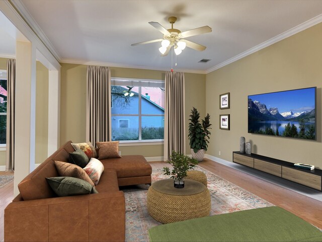 living room featuring ceiling fan, light hardwood / wood-style floors, and ornamental molding