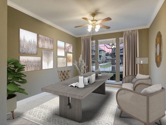 home office with light colored carpet, ceiling fan, and ornamental molding