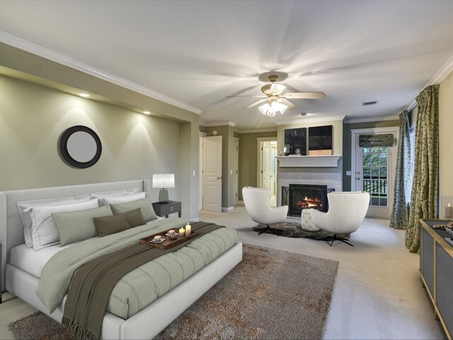 bedroom with access to outside, a tile fireplace, crown molding, ceiling fan, and light colored carpet