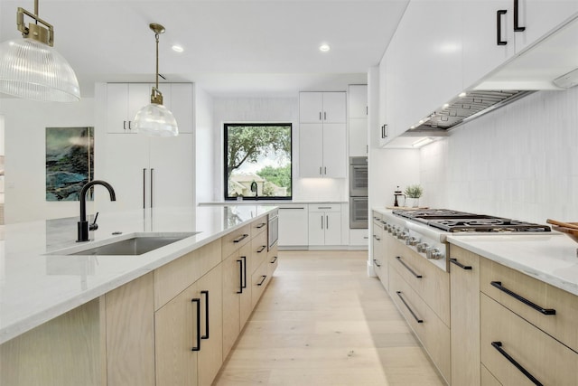 kitchen featuring sink, hanging light fixtures, light wood-type flooring, light stone countertops, and stainless steel appliances