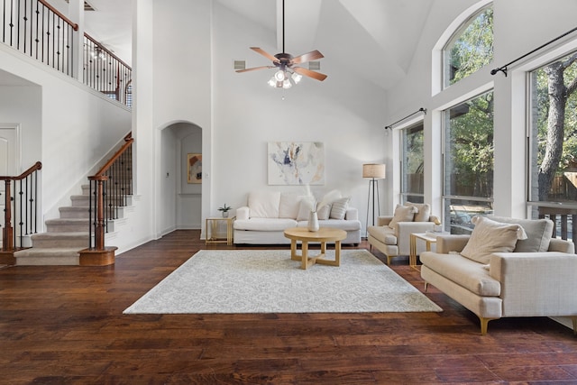 living room with a high ceiling, dark hardwood / wood-style floors, and a wealth of natural light