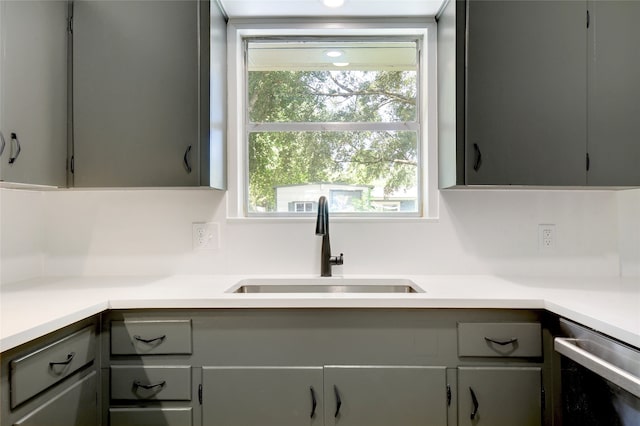 kitchen with dishwasher, gray cabinets, and sink