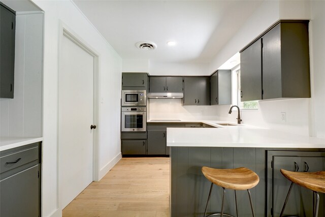 kitchen with gray cabinetry, sink, a kitchen bar, kitchen peninsula, and stainless steel appliances